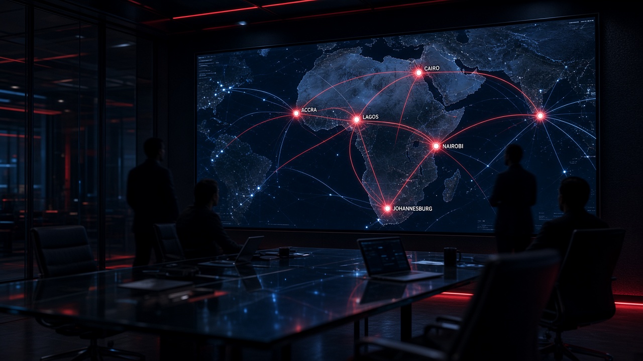 Africa market intelligence map with illuminated city nodes