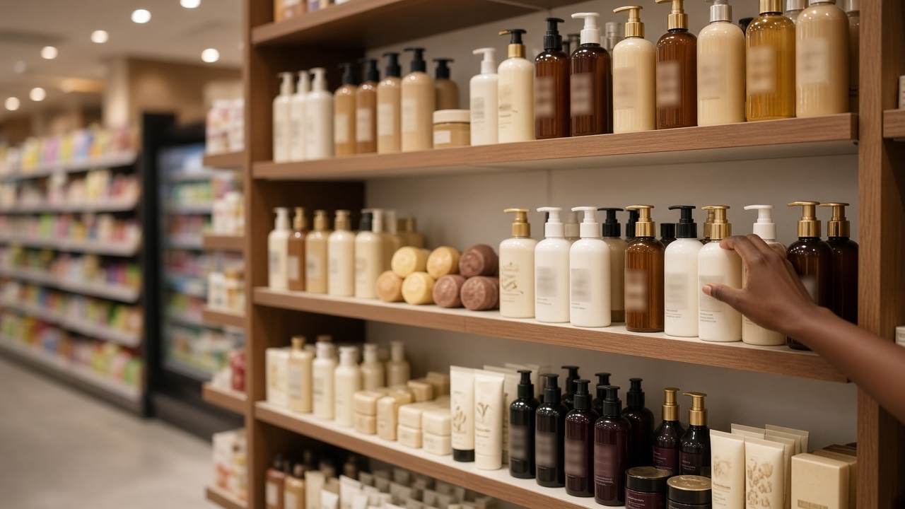 Personal care products on a West African supermarket shelf