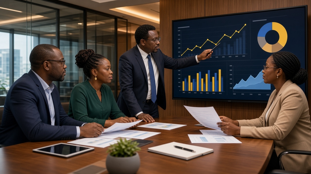 Leadership reviewing intelligence in a boardroom setting
